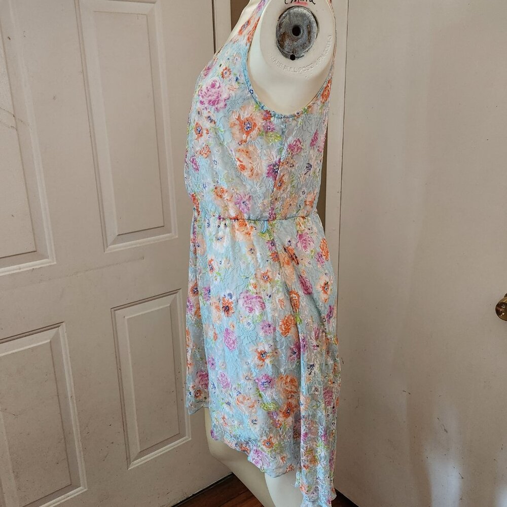 No Boundaries Midi Tunic Dress Lined Blue Lace Floral Print Slip-On Sz L (11-13) - Picture 8 of 12